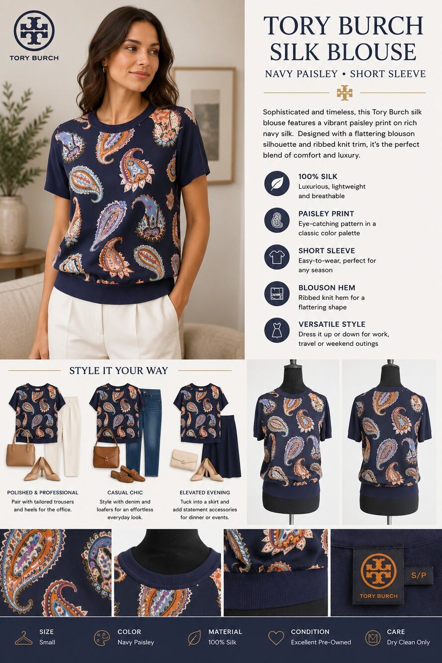 Tory Burch Silk Blouse S Navy Paisley Short Sleeve Knit Trim Luxury Top